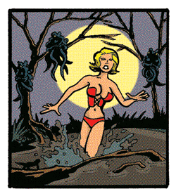 panel nine illustration -- chaseme running, monsters in background