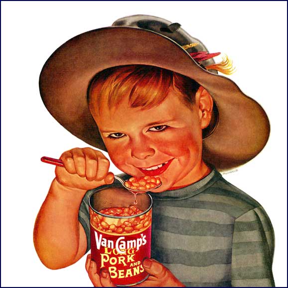 another eldritch child eating beans from a can that says: van camps' long-port and beans