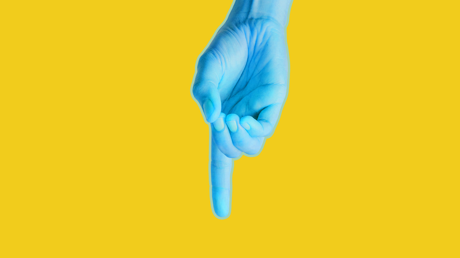 giant blue hand with index finger pointing down on yellow background