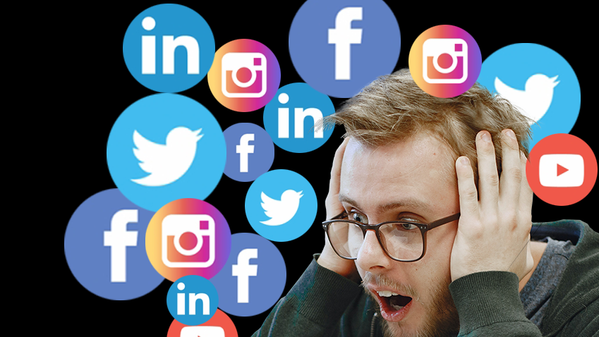 man confused and distracted by social media